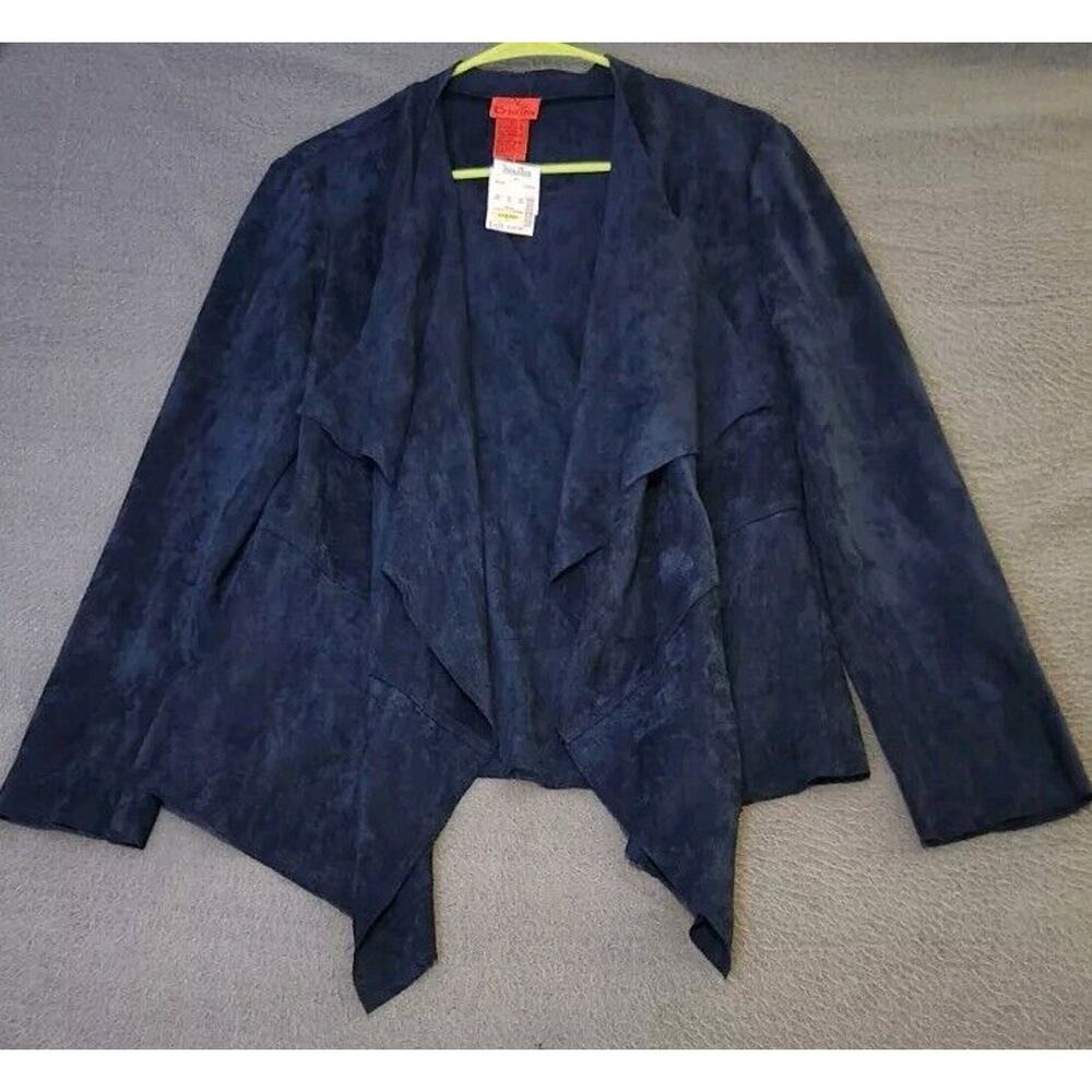 V Cristina New‎ Faux Suede Jacket Draped Open Front Dark Blue Sz Large NWT